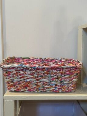 Handwoven Multicolor Oriental Recycled Candy Wrapper Paper Basket